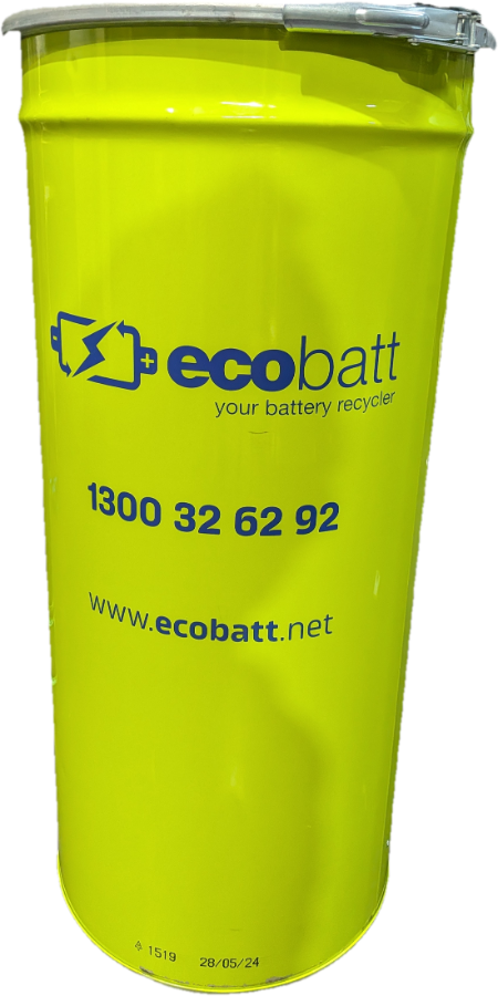 A yellow EcoBatt battery recycling drum used to collect end-of-life batteries.