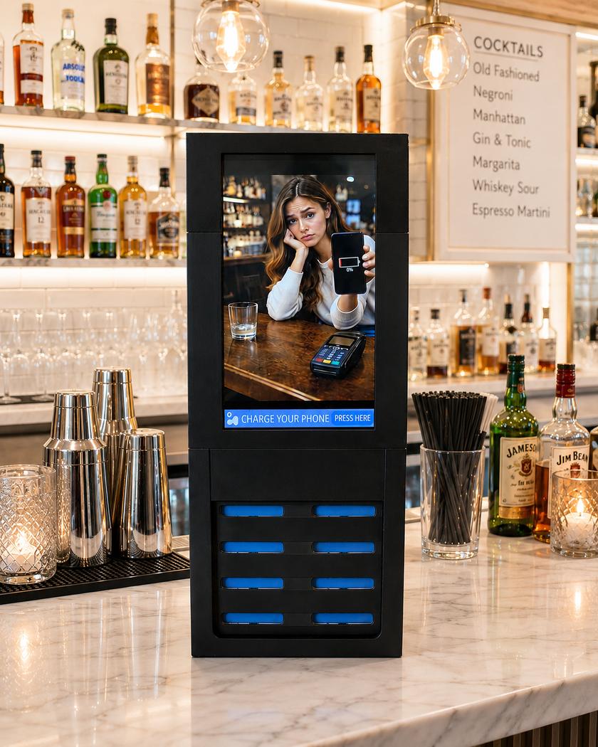 A mecharge tabletop kiosk on the marble bar of a cocktail venue, with the drinks list behind it.