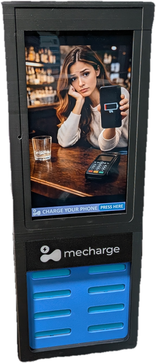 A MeCharge powerbank kiosk on the counter.