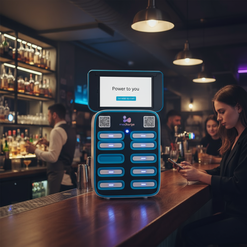 A woman using a smartphone at a bar with a blue charging station for mobile devices, bar staff in the background, hanging lights, and a well-stocked bar shelf.