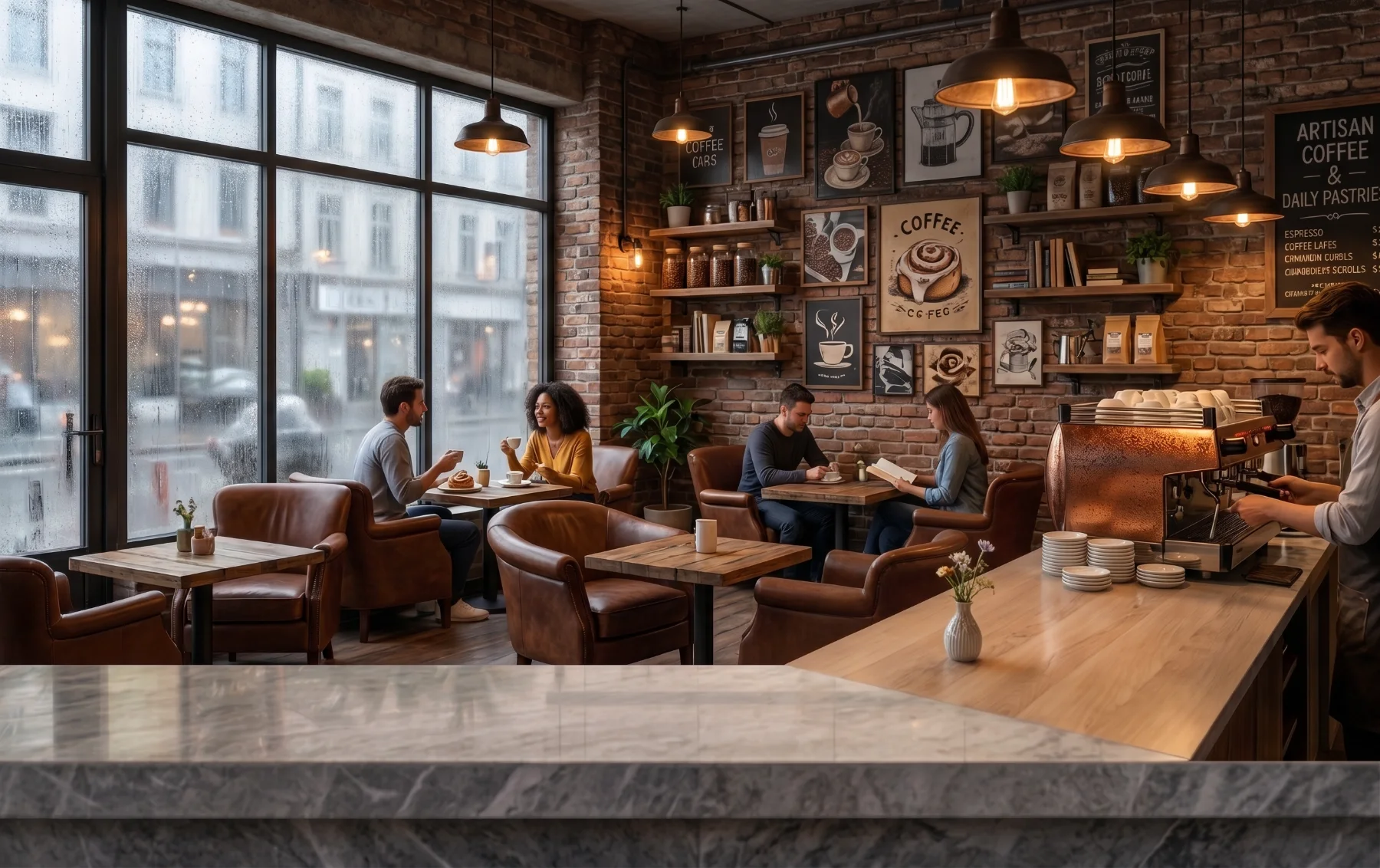 A cafe counter with tables, brick walls and an espresso machine behind.
