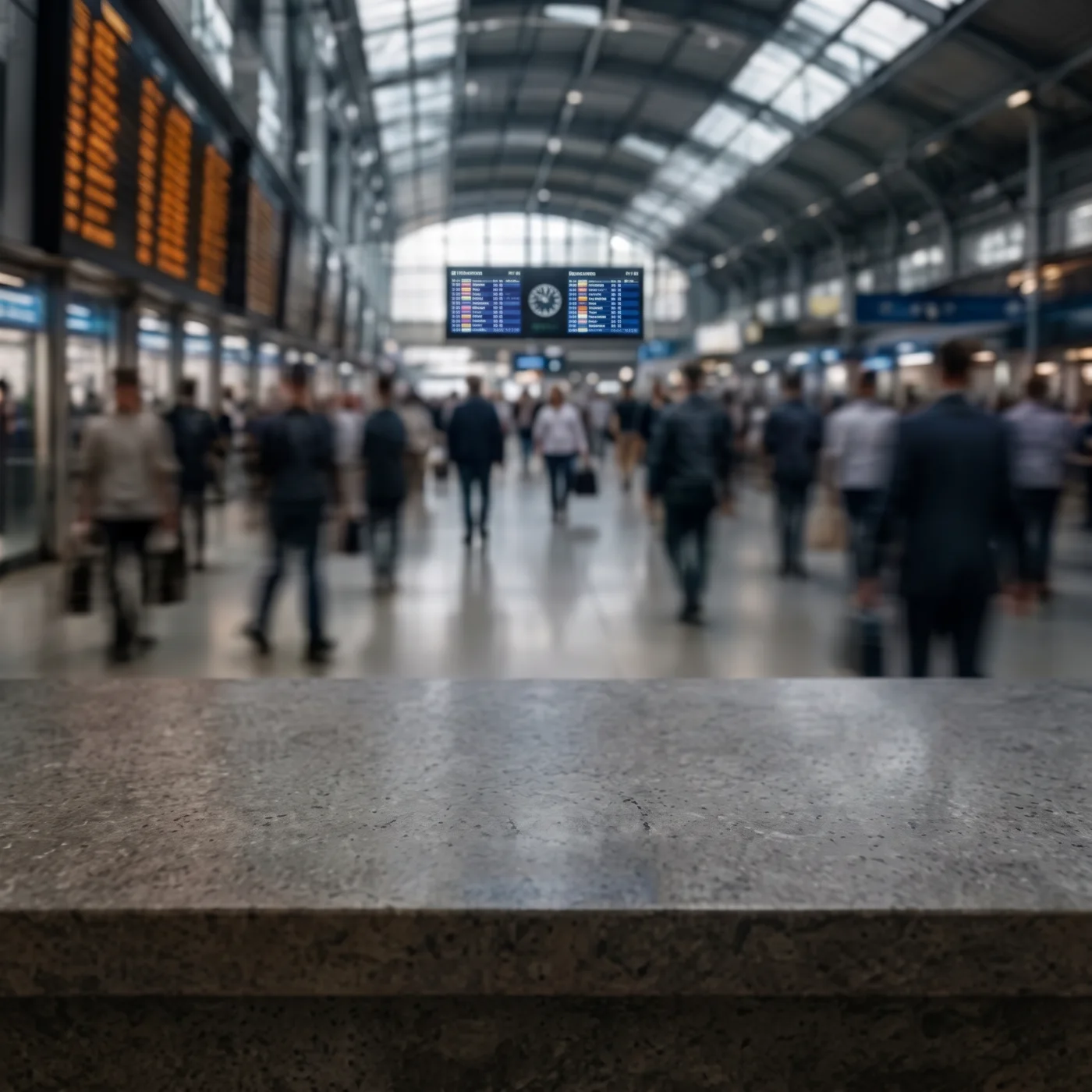 A stone ledge in a busy railway concourse with commuters moving past.