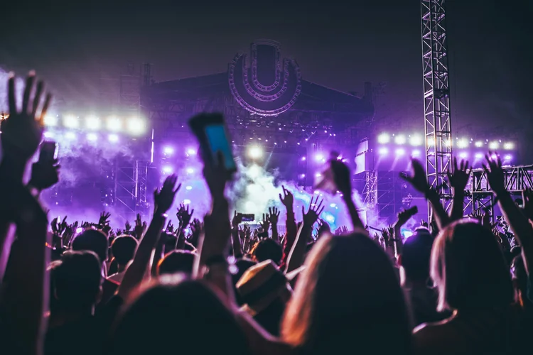 Crowd attending a colorful concert or music festival at night with raised hands and a stage illuminated with purple lights.
